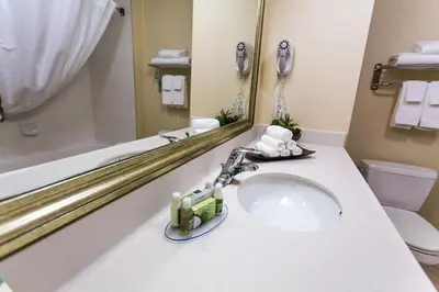 a bathroom with a sink and a mirror at Days Inn & Suites by Wyndham Edmonton Airport in Leduc