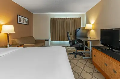 a hotel room with a bed and a flat screen tv at Comfort Inn West in Edmonton