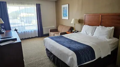 a hotel room with a bed and a chair and a window at Comfort Inn in Chilliwack