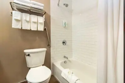 a bathroom with a toilet and a bath tub with a shower curtain at Quality Inn Waddling Dog in Saanichton