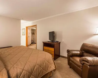 a bedroom with a bed and a couch and a television at Quality Inn & Conference Centre in Red Deer