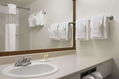 a bathroom with a sink and a mirror and towels at Travelodge by Wyndham Calgary South in Calgary