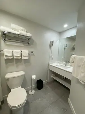 a white bathroom with a toilet and a sink at Western Traveller Motel in Grand Forks