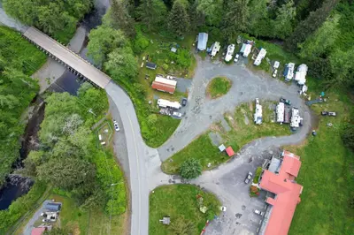 an overhead view of a road with a curve at Pioneer Inn by the River in Port Hardy
