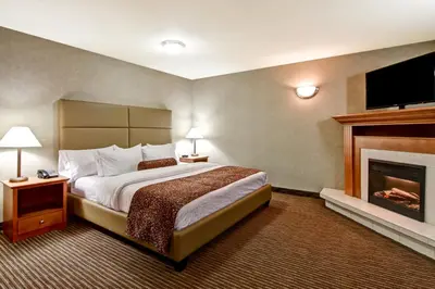 a hotel room with a bed and a fireplace at Canalta Hanna in Hanna