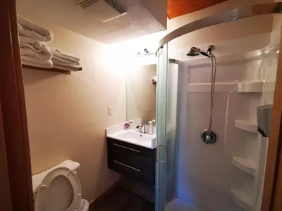 a bathroom with a shower and a toilet and a sink at Riverfront Estate Bed&Breakfast Banff in Banff