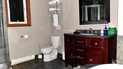 a bathroom with a toilet and a sink and a mirror at Wesbert Winery & Guest Suites in Penticton