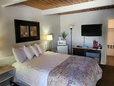 a bedroom with a bed and a desk with a television at Pines Motel in Sicamous