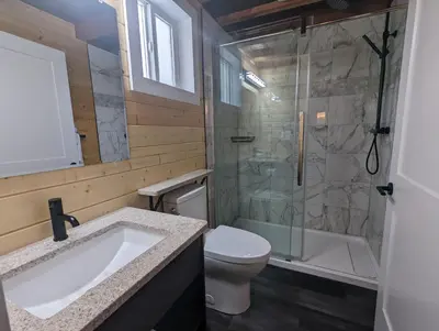 a bathroom with a sink and a toilet and a shower at Halcyon Hot Springs Resort in Halcyon Hot Springs