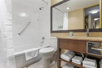 a bathroom with a toilet and a sink and a mirror at Best Western Terrace Inn in Terrace