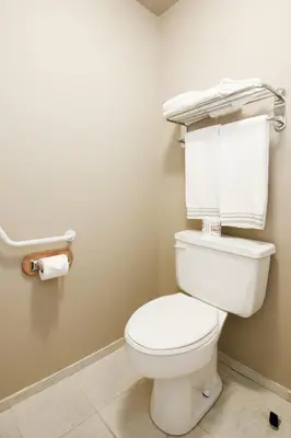 a bathroom with a white toilet and towels at Bow River Inn in Cochrane