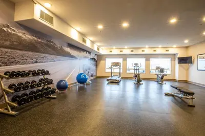 a gym with exercise equipment and a wall mural at Canalta Oyen in Oyen