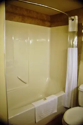 a bathroom with a shower and a toilet at Days Inn by Wyndham Athabasca in Athabasca
