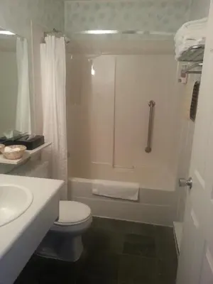 a bathroom with a toilet and a tub and a sink at Heritage Inn in Hope