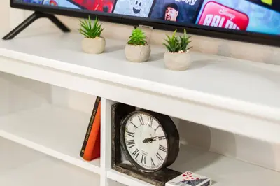 a shelf with a clock and three potted plants at Modern Executive Suite I Complimentary Netflix & Parking! in Edmonton