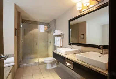 a bathroom with a sink and a toilet and a shower at Pomeroy Hotel Fort St. John in Fort Saint John