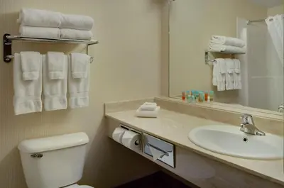 a bathroom with a sink and a toilet and a mirror at Pomeroy Inn & Suites Fort St. John in Fort Saint John