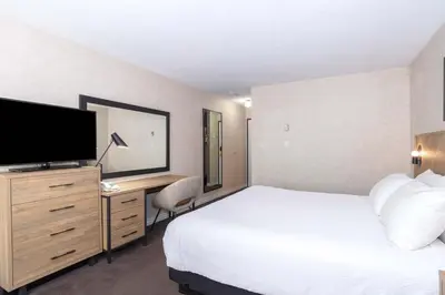 a bedroom with a bed and a desk with a television at Sandman Hotel Castlegar in Castlegar