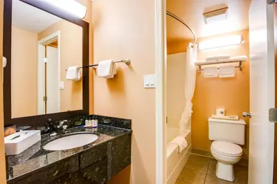 a bathroom with a sink and a toilet and a mirror at Quality Hotel & Conference Centre in Peace River