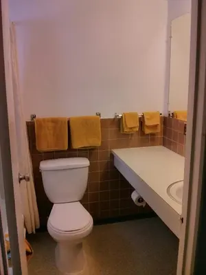 a bathroom with a toilet and a sink at Shamrock Motel in Valleyview