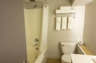a bathroom with a shower and a toilet and towels at Radisson Hotel Fort St John in Fort Saint John