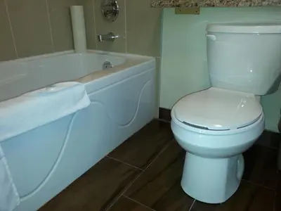 a bathroom with a white toilet and a bath tub at Barclay Hotel in Vancouver