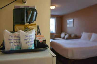 a hotel room with a bed and a suitcase on a refrigerator at Thunderbird Motor Inn in Duncan