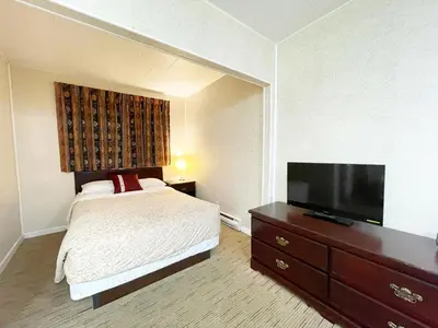 a bedroom with a bed and a flat screen tv at Valhalla Inn in New Denver