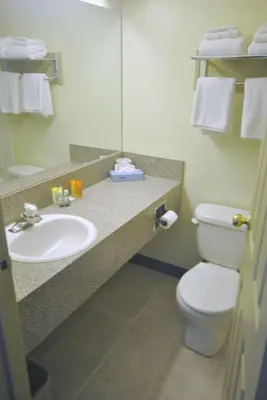 a bathroom with a sink and a toilet and a mirror at Wheatland Hotel in Strathmore