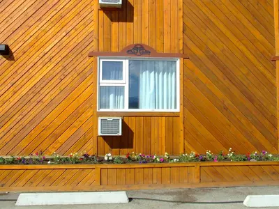 a window on the side of a wooden house with flowers at The Yukon Inn in Whitehorse