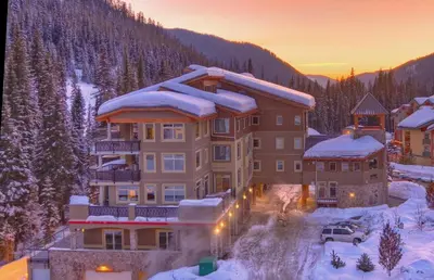 an aerial view of a lodge in the snow at Kookaburra Lodge #202 By Bear Country in Sun Peaks