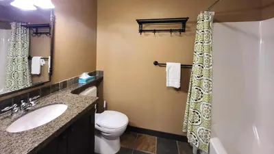 a bathroom with a toilet and a sink and a shower at Stones Throw #38 By Bear Country in Sun Peaks