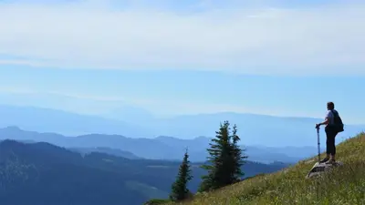 a man standing on top of a hill looking at the mountains at Crystal Forest #63 By Bear Country in Sun Peaks