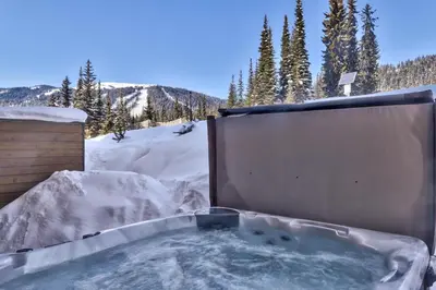 a hot tub covered in snow with trees in the background at Village Walk #21 By Bear Country in Sun Peaks