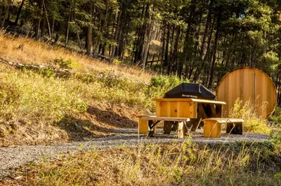 a grill and a picnic table on a road at Gateway Motel in Radium Hot Springs