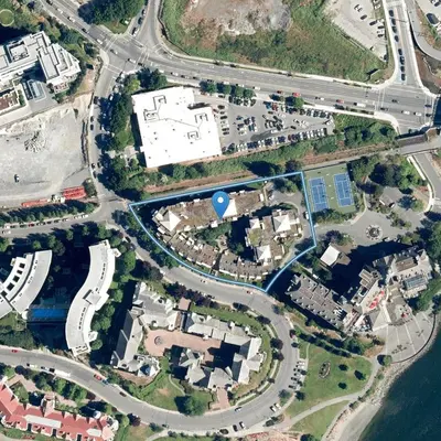 an overhead view of a city with buildings and roads at Deluxe 2 Bed 2 Bath With Harbour And Empress Hotel Views in Victoria