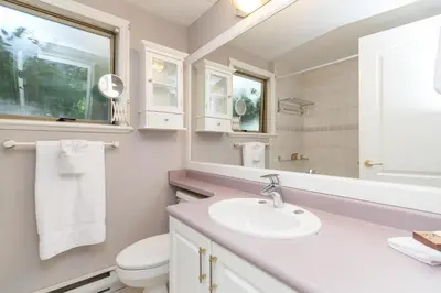 a bathroom with a sink and a toilet and a mirror at 5 Min Walk To Famous Victoria Inner Harbour And Empress Hotel in Victoria