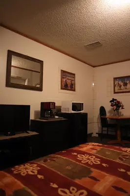 a hotel room with a bed and a desk and a television at Vista Motel in Vegreville