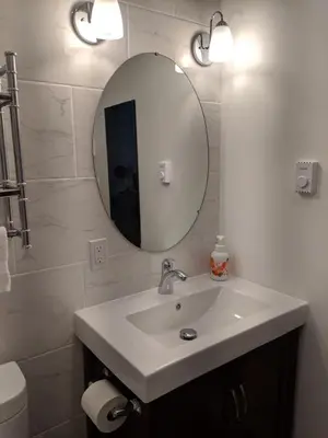 a bathroom with a sink and a mirror at Oceanspray Hideaway in North Saanich