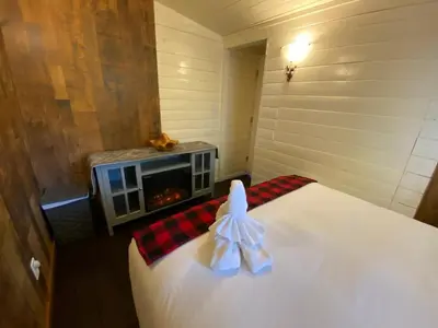 a room with a bed with a fireplace in it at Woodhouse Cottages And Ranch in Prince George