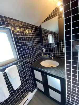 a black tiled bathroom with a sink and a mirror at Woodhouse Cottages And Ranch in Prince George