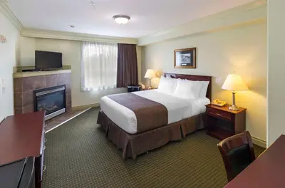 a hotel room with a bed and a fireplace at Quality Inn & Suites in Whitecourt