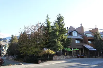 a house with trees in front of a street at Rainbow Suites by Whistler Retreats in Whistler
