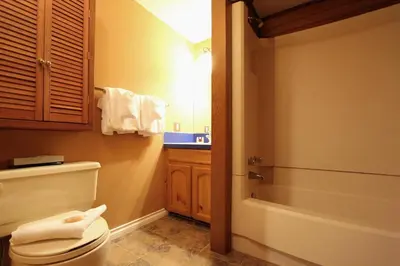 a bathroom with a toilet and a tub and a sink at Rainbow Suites by Whistler Retreats in Whistler