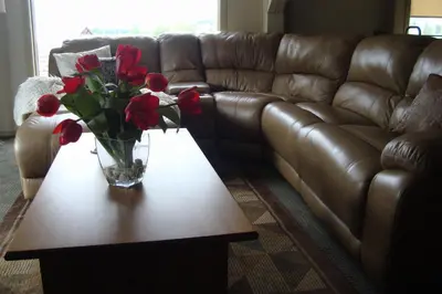 a vase of red flowers sitting on a coffee table at YPC Fitness & Accomodations in Invermere