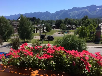a view of a park with flowers and mountains at Park Place Lodge in Fernie