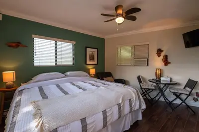 a bedroom with a bed and a ceiling fan at The Fraser River's Edge B&B Lodge in Chilliwack