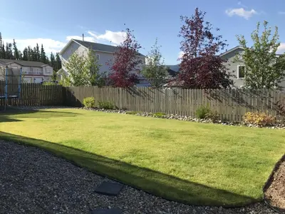 a backyard with a fence and a lawn at 1st Choice Bed and Breakfast in Whitehorse