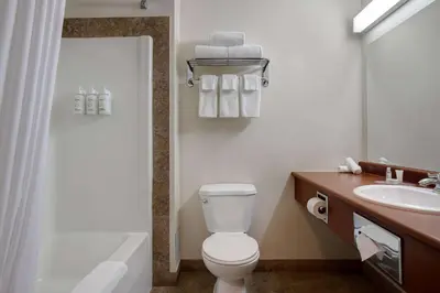 a bathroom with a white toilet and a sink at Days Inn by Wyndham Dawson Creek in Dawson Creek