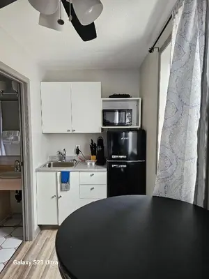 a kitchen with a black table and a black refrigerator at The Baker Hotel in Cranbrook